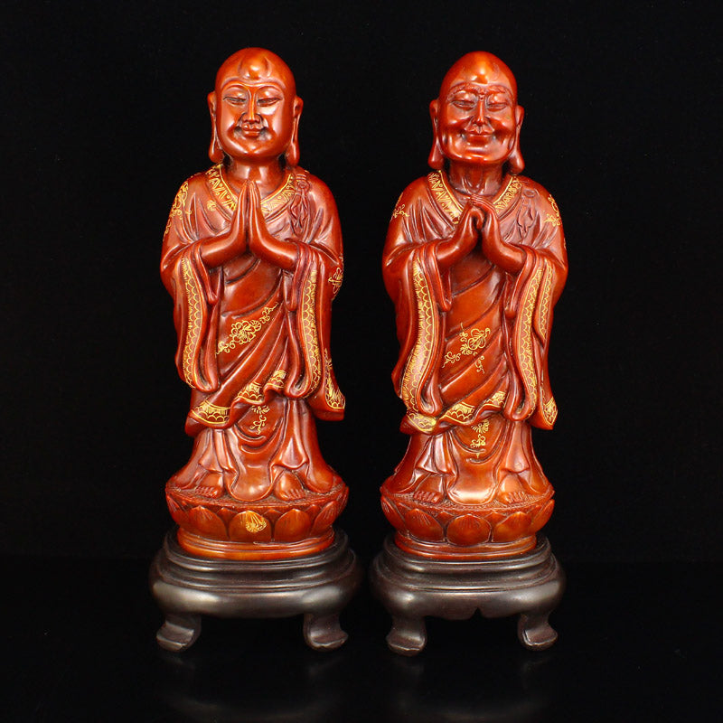 A Set Three Gilt Gold Shoushan Stone Kwan-yin & Arhat Statues