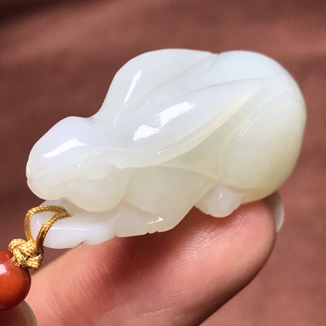 Chinese Natural White Hetian Jade Carved Rabbit Statue w Certificate