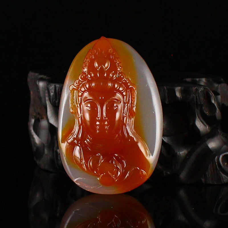 Natural Double Color Agate Carved Kwan-yin Pendant w Certificate