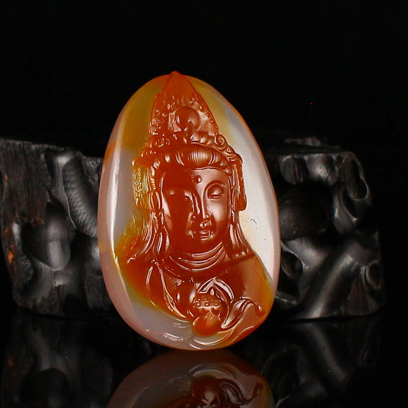 Natural Double Color Agate Carved Kwan-yin Pendant w Certificate