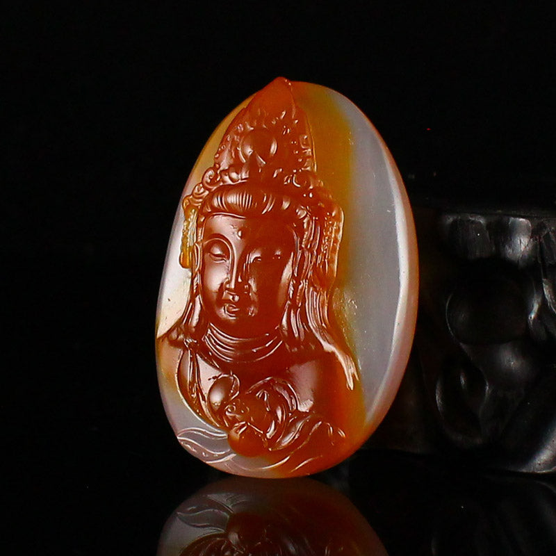 Natural Double Color Agate Carved Kwan-yin Pendant w Certificate