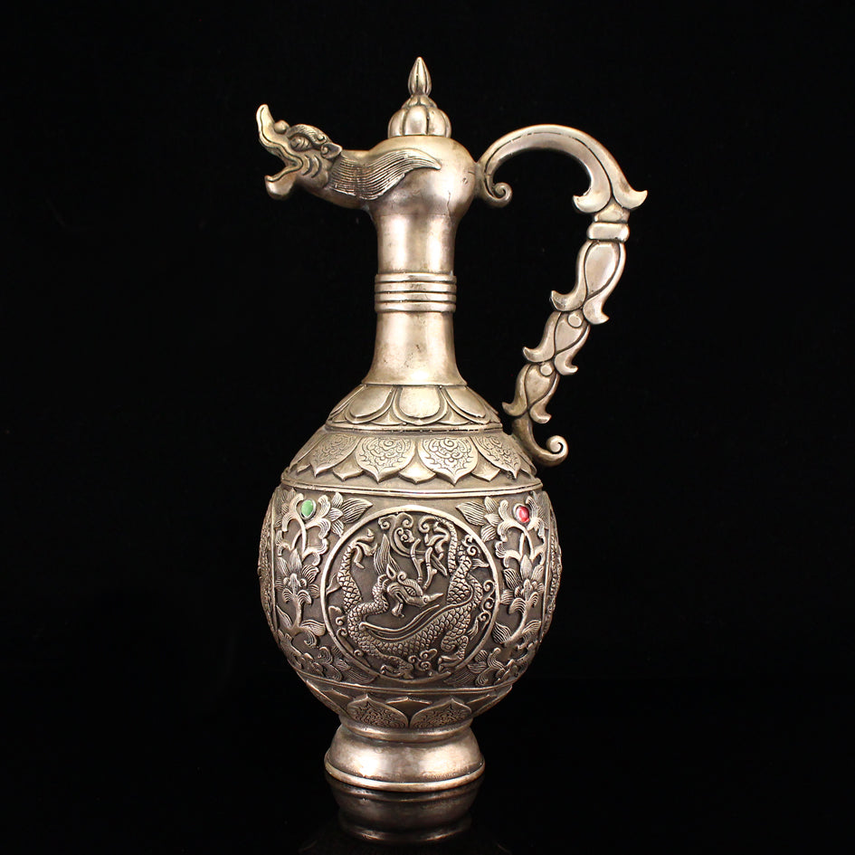 Vintage Chinese White Copper Inlay Green Jade Low Relief Dragon Design Dragon Head Teapot