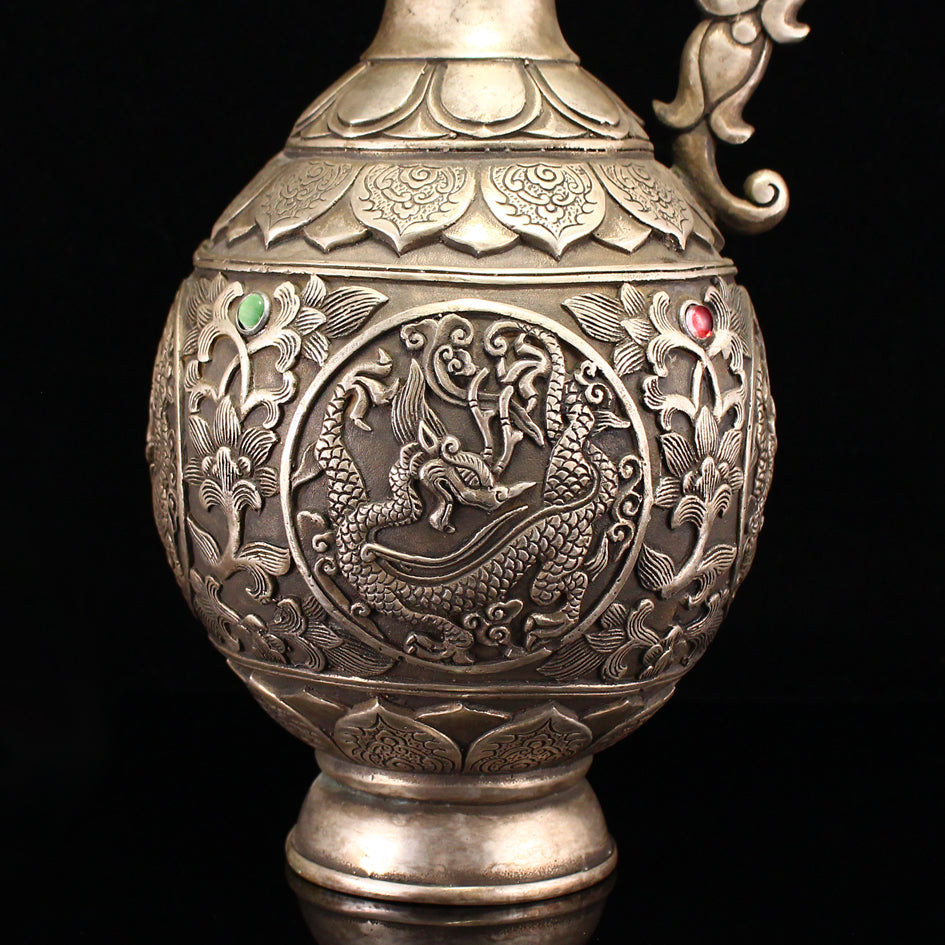 Vintage Chinese White Copper Inlay Green Jade Low Relief Dragon Design Dragon Head Teapot