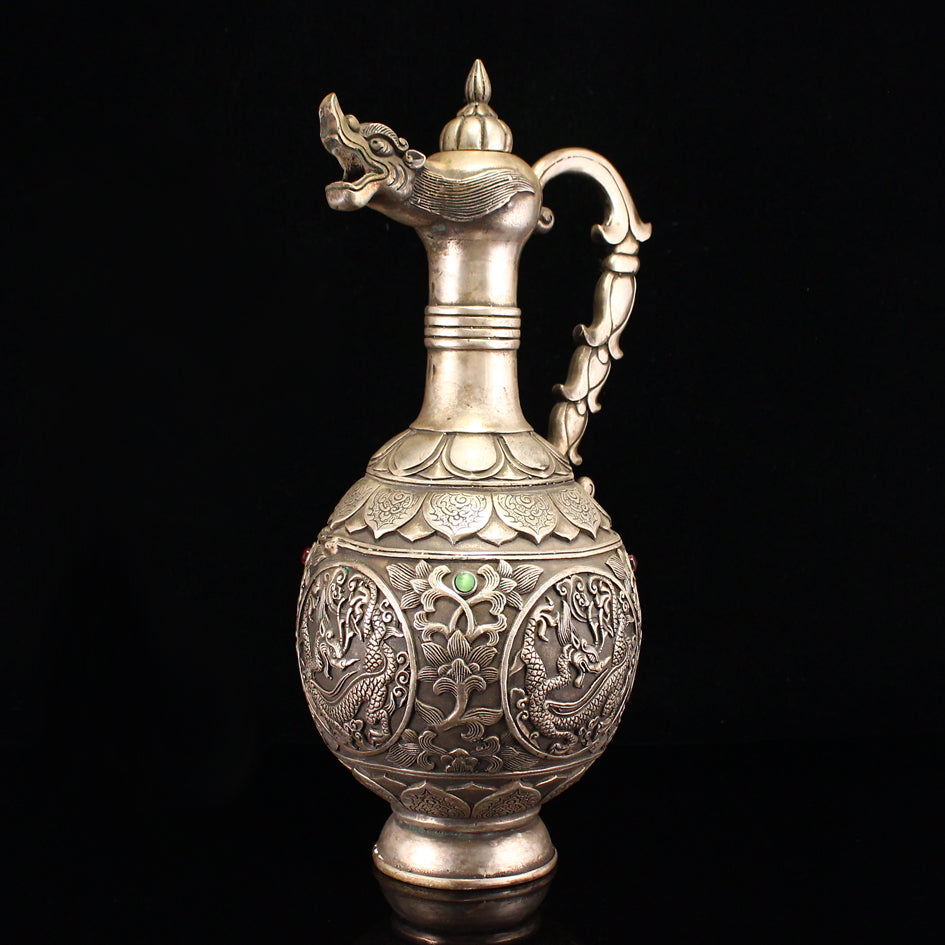 Vintage Chinese White Copper Inlay Green Jade Low Relief Dragon Design Dragon Head Teapot