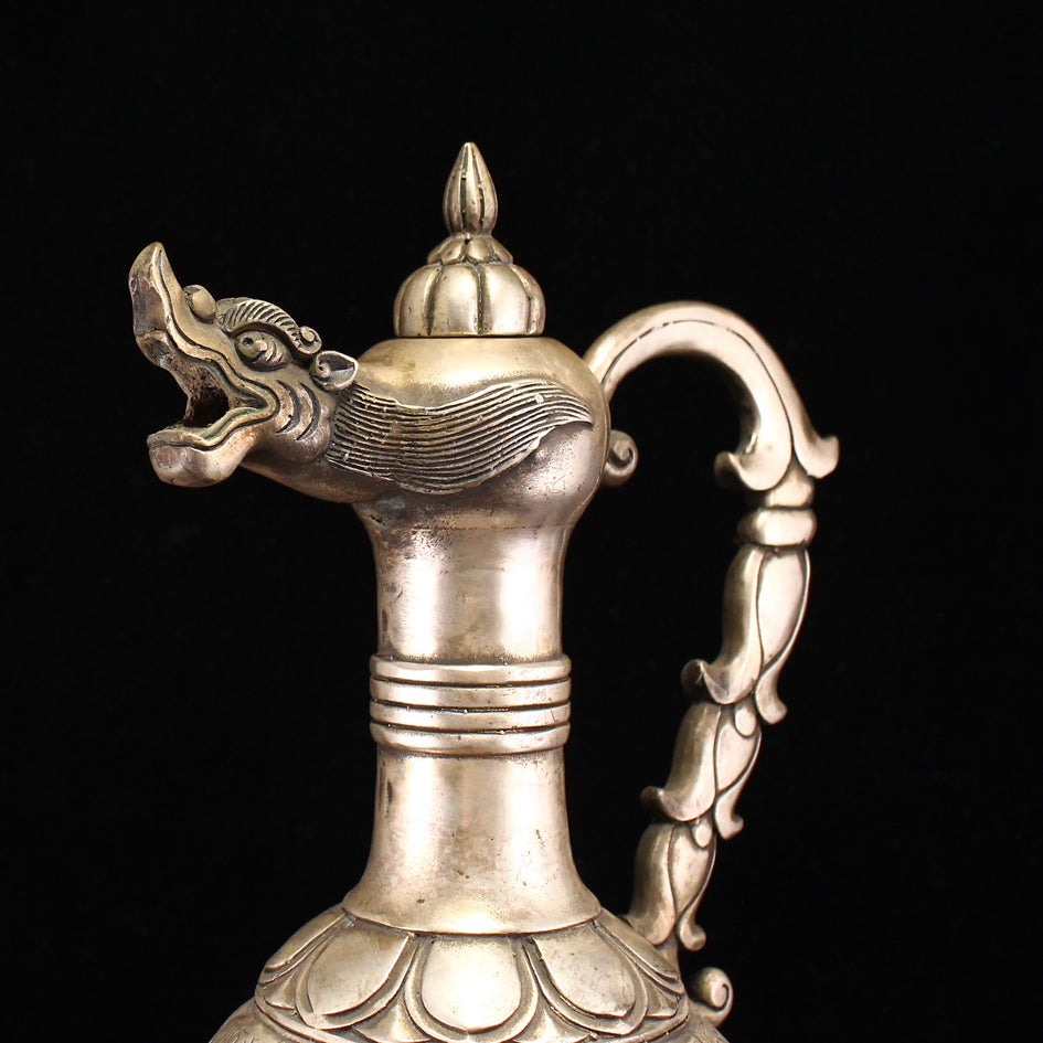 Vintage Chinese White Copper Inlay Green Jade Low Relief Dragon Design Dragon Head Teapot