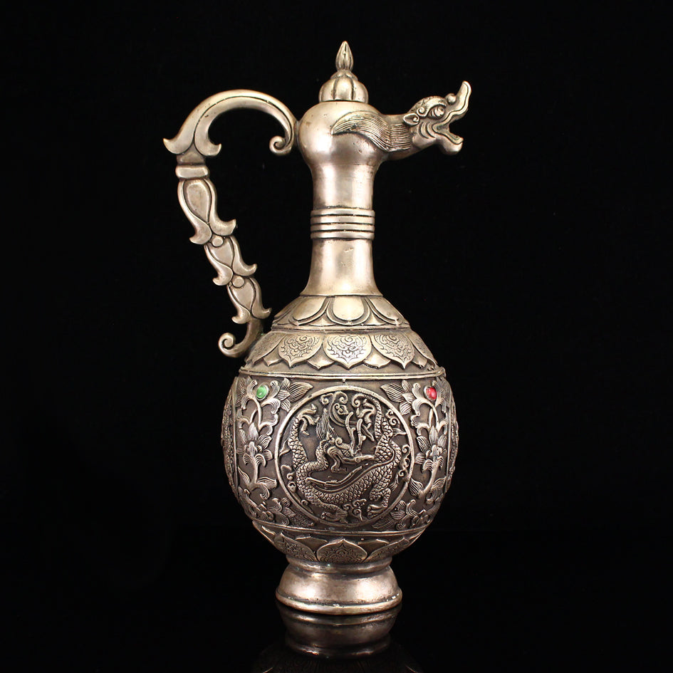 Vintage Chinese White Copper Inlay Green Jade Low Relief Dragon Design Dragon Head Teapot
