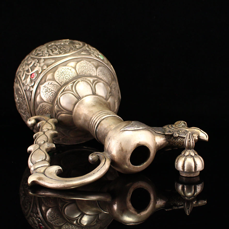 Vintage Chinese White Copper Inlay Green Jade Low Relief Dragon Design Dragon Head Teapot