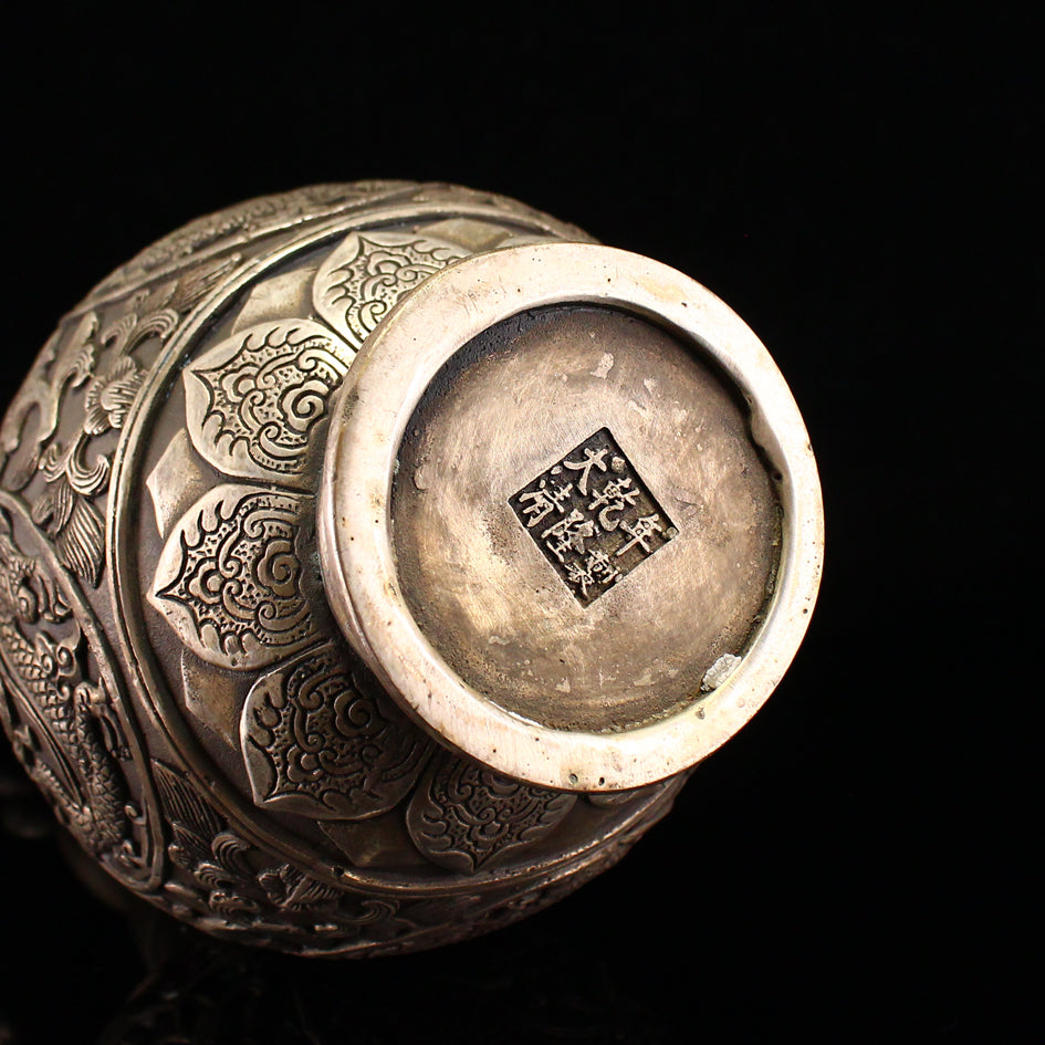 Vintage Chinese White Copper Inlay Green Jade Low Relief Dragon Design Dragon Head Teapot