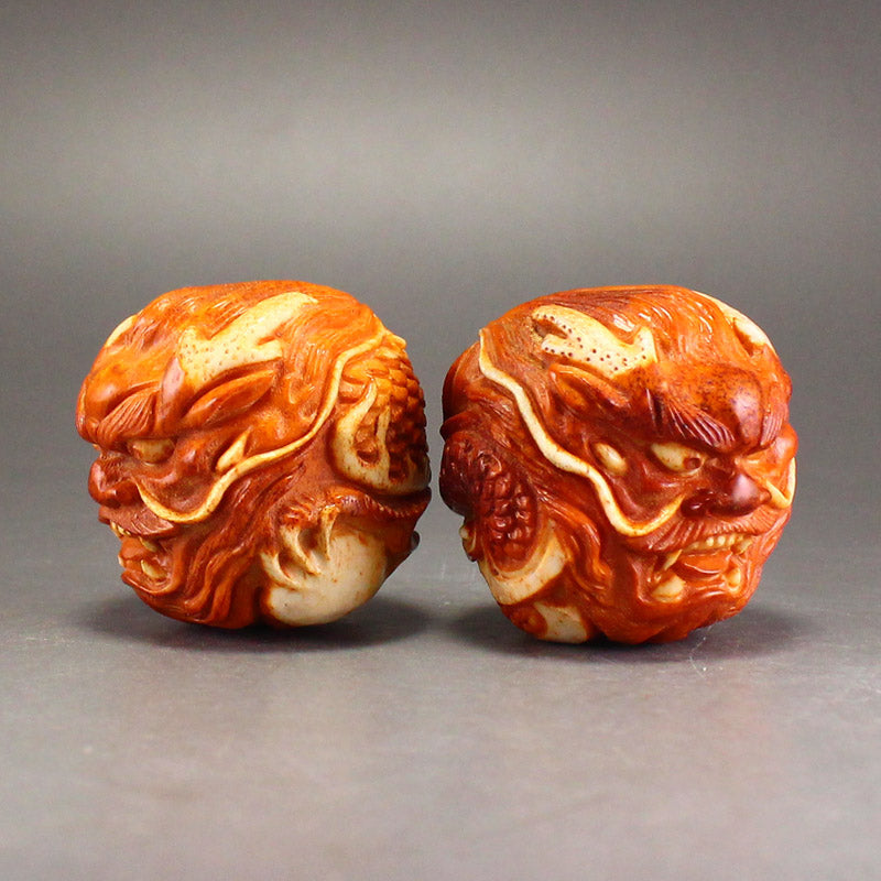 A Pair Vintage Deer Horn Carved Fortune Dragon Gymnastic Ball