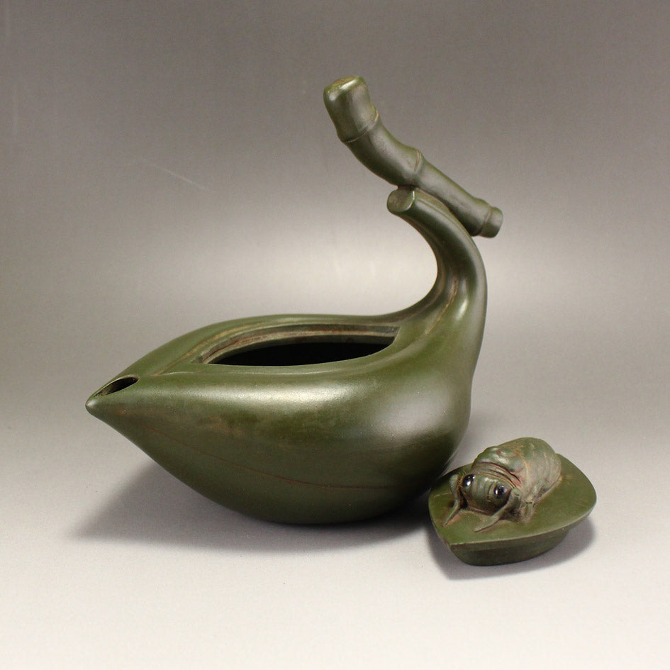 Old Green Yixing Zisha Clay Bamboo & Cicada Teapot w Artist Signed