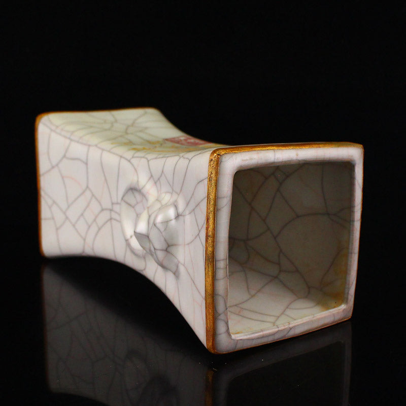 Chinese Gilt Gold Guan Kiln White Glaze Poetic Prose Porcelain Vase