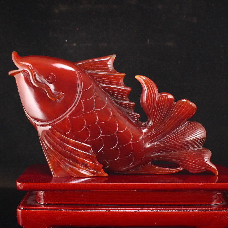 Beautiful Red Agate Fish Statue w Certificate
