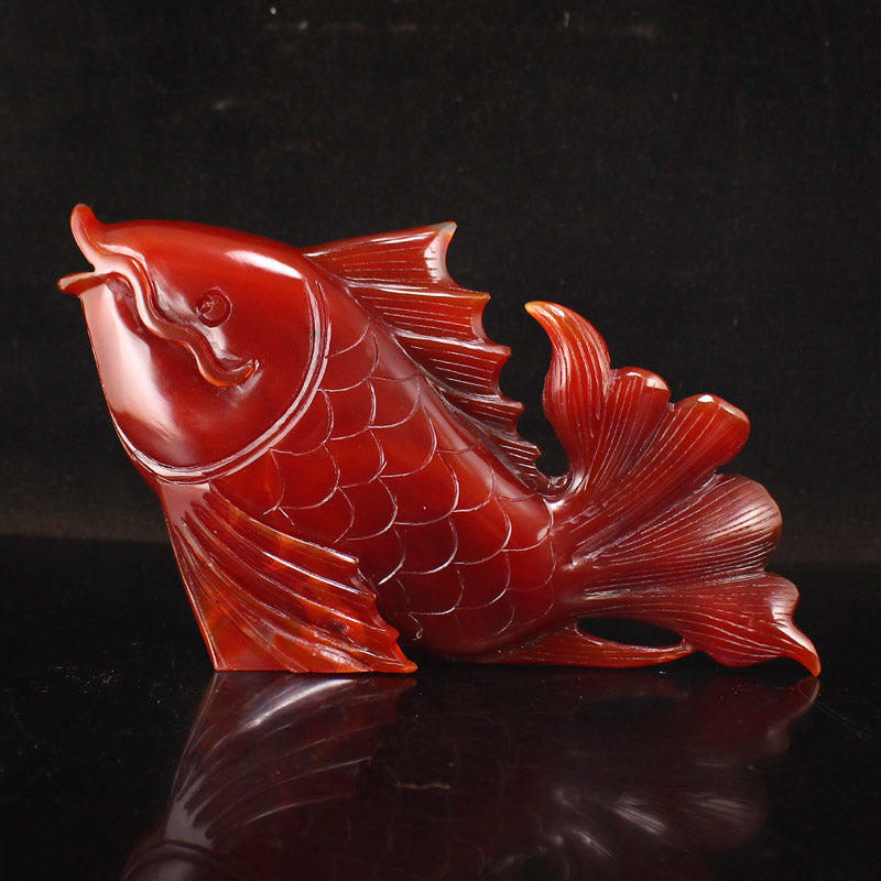 Beautiful Red Agate Fish Statue w Certificate
