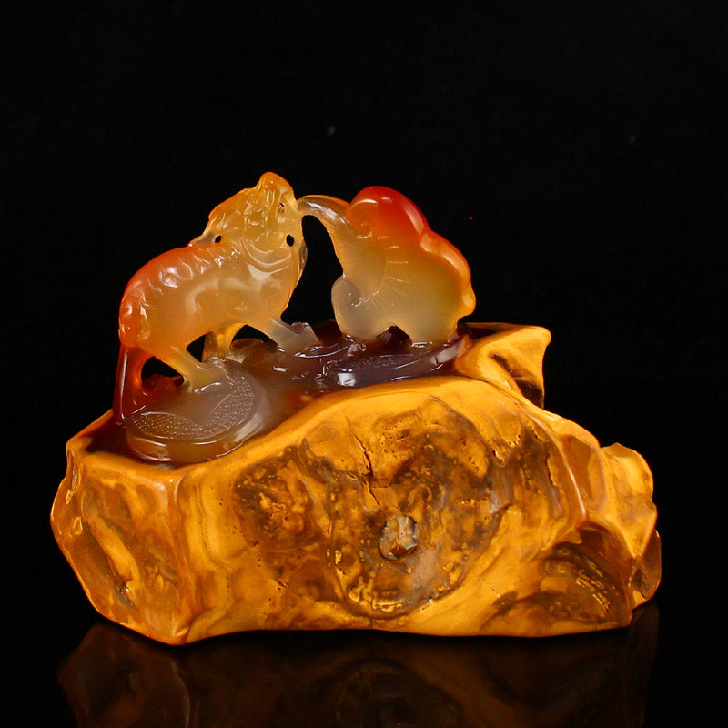 Natural Agate Carved Beast & Ruyi Statue w Certificate