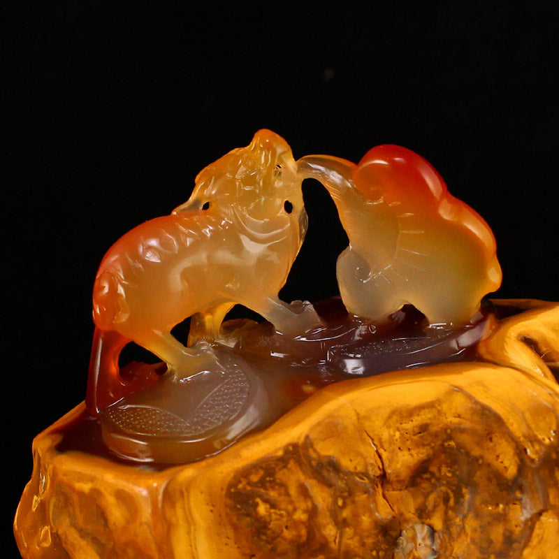 Natural Agate Carved Beast & Ruyi Statue w Certificate