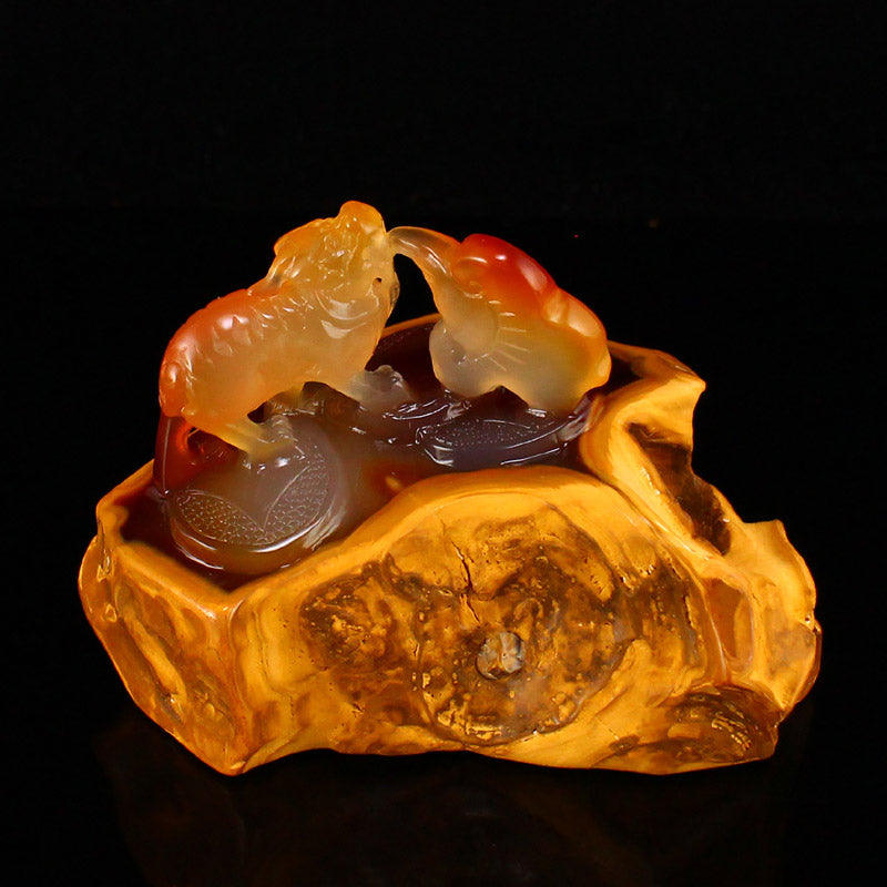 Natural Agate Carved Beast & Ruyi Statue w Certificate