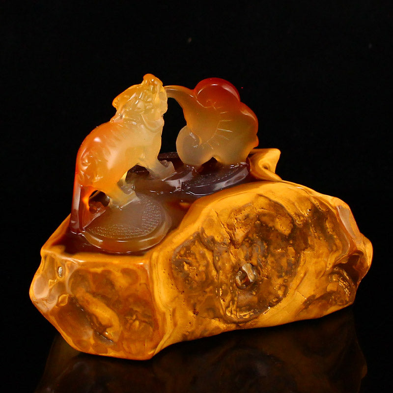 Natural Agate Carved Beast & Ruyi Statue w Certificate