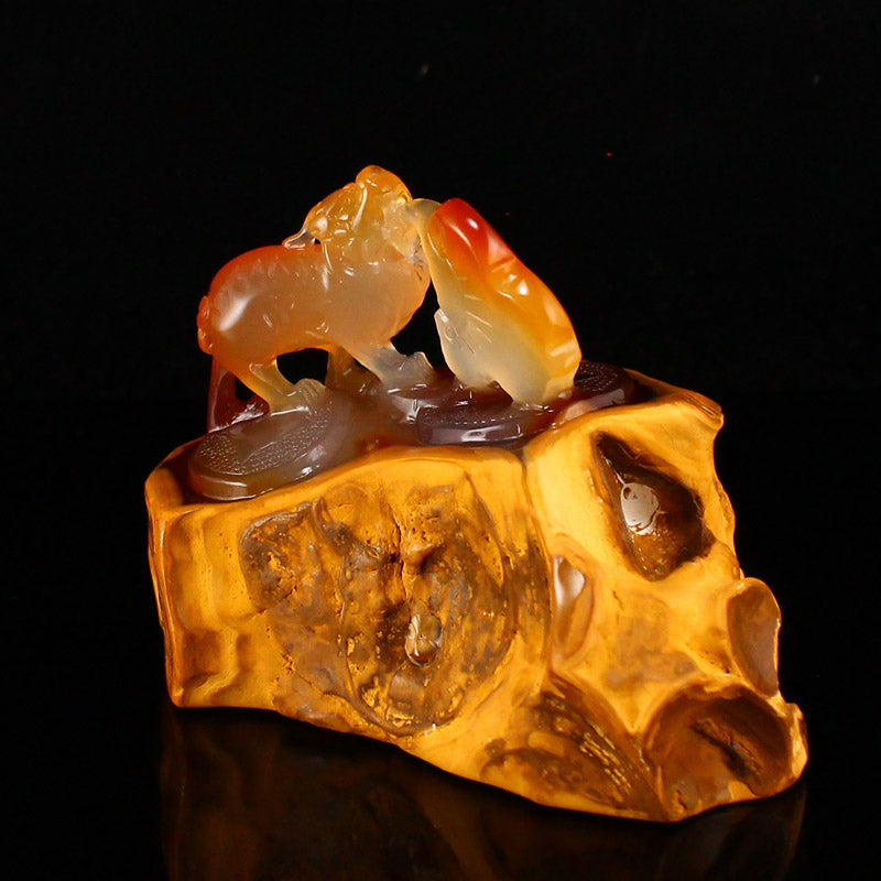Natural Agate Carved Beast & Ruyi Statue w Certificate