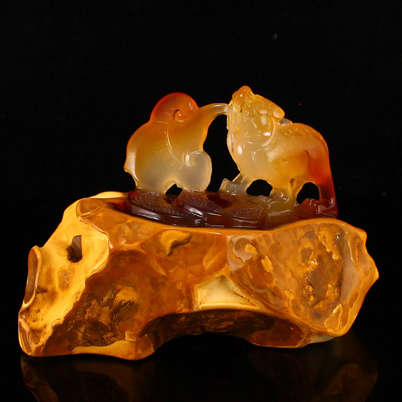 Natural Agate Carved Beast & Ruyi Statue w Certificate