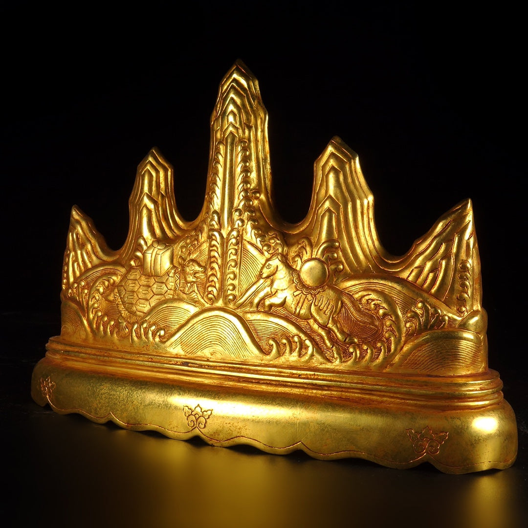A0017 Old Chinese Gilt Gold Copper Mountain Shape Brush Pen Shelf