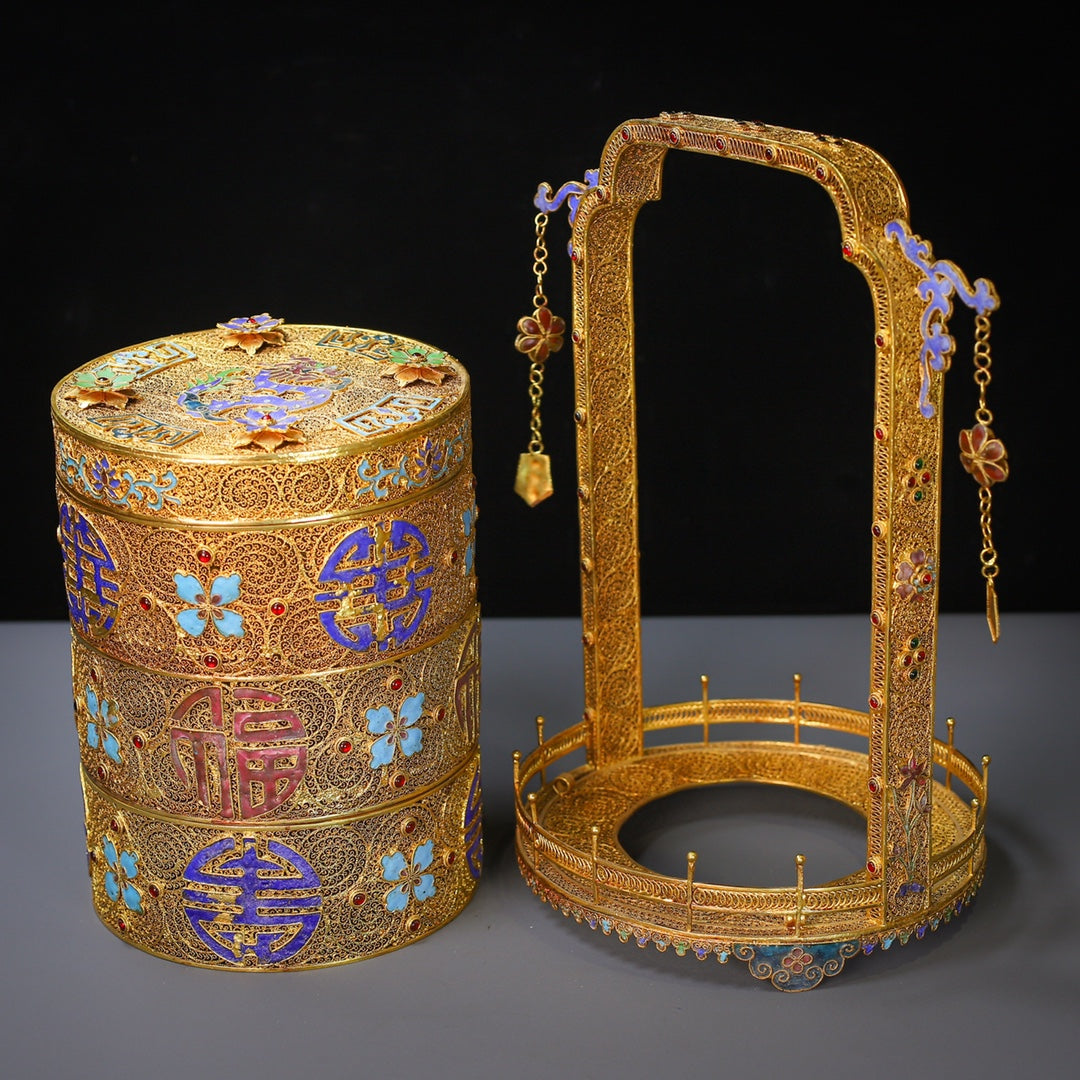 A0018 Exquisite Chinese Gold Wires Enamel Inlay Gem Food Box