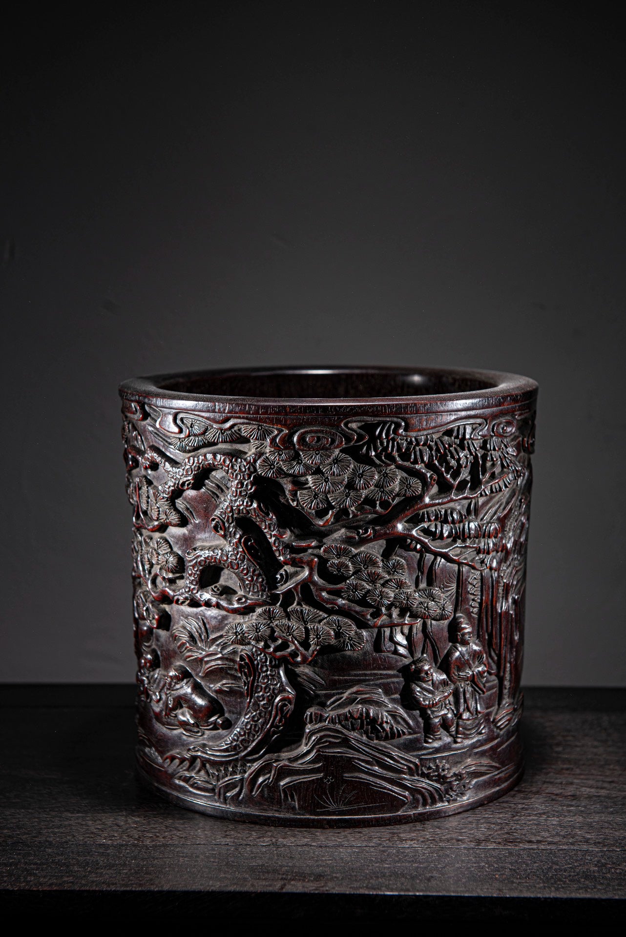 A0022 Vintage Chinese Zitan Wood Low Relief Pine Tree & Figure Brush Pot