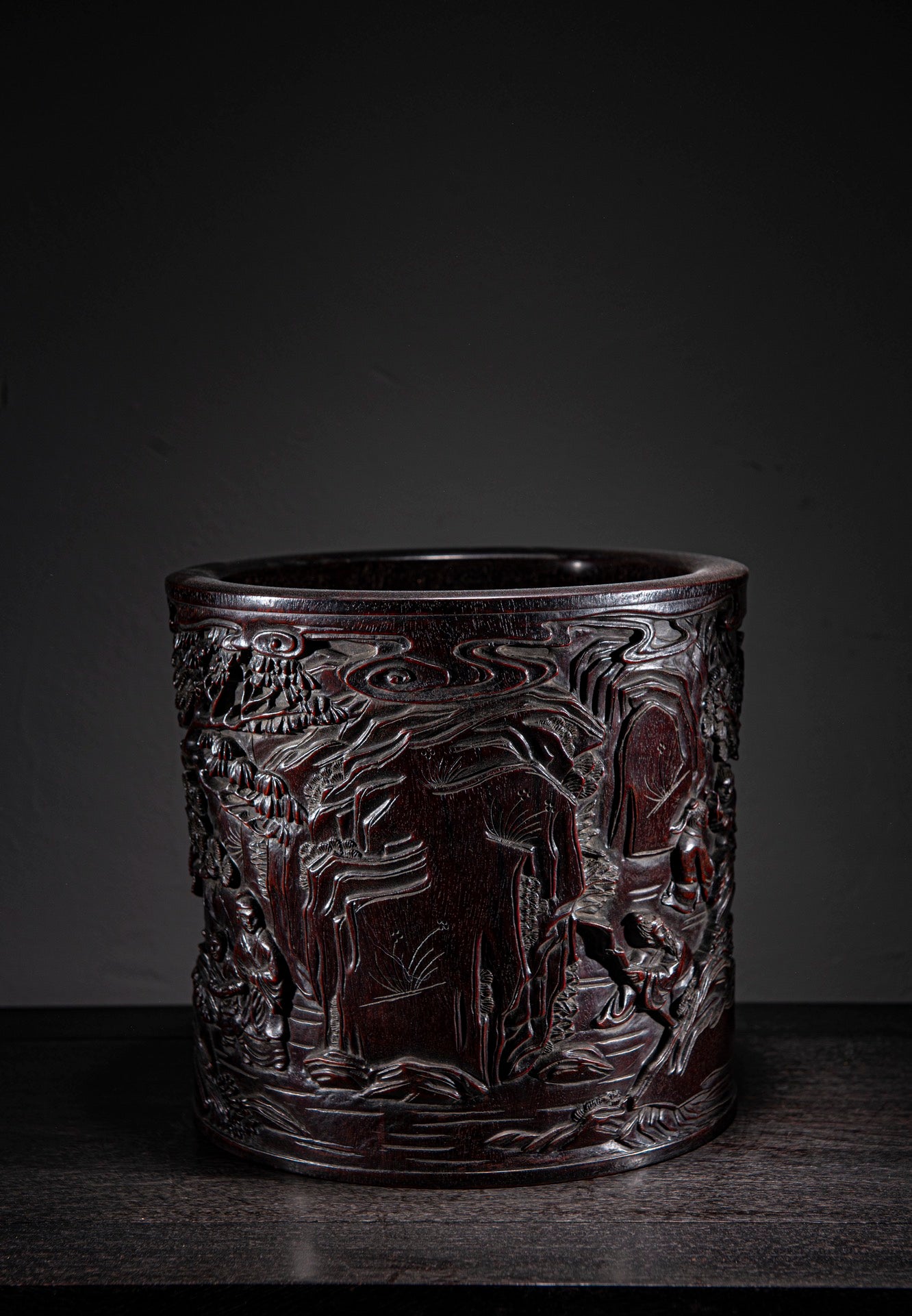 A0022 Vintage Chinese Zitan Wood Low Relief Pine Tree & Figure Brush Pot