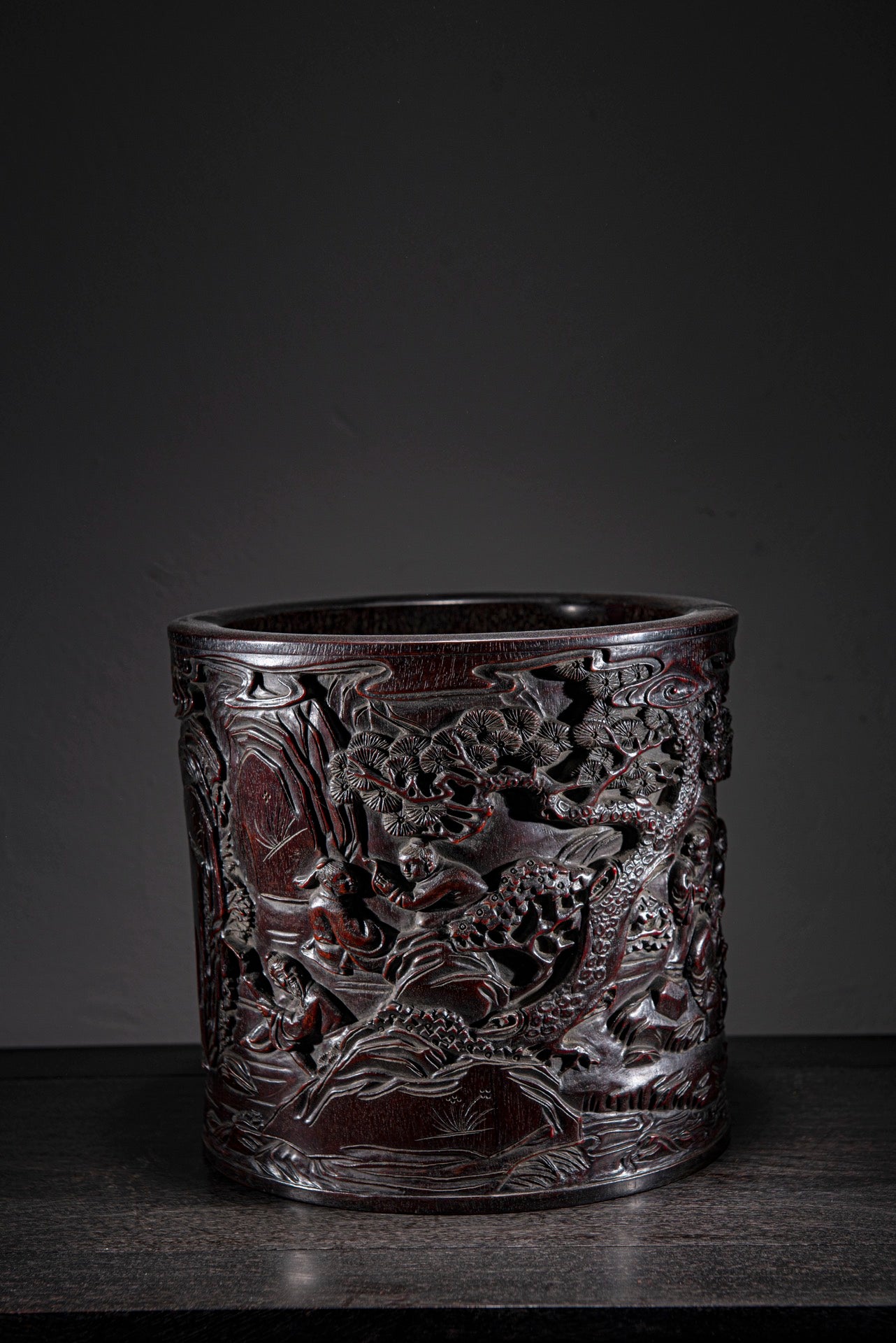 A0022 Vintage Chinese Zitan Wood Low Relief Pine Tree & Figure Brush Pot