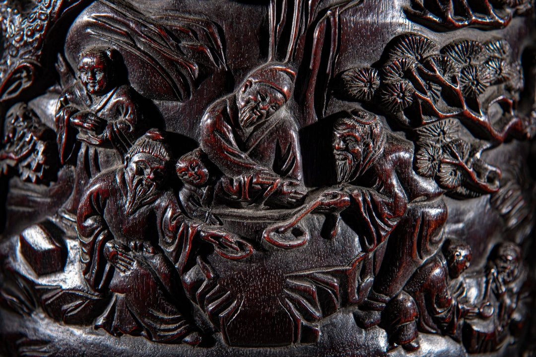 A0022 Vintage Chinese Zitan Wood Low Relief Pine Tree & Figure Brush Pot