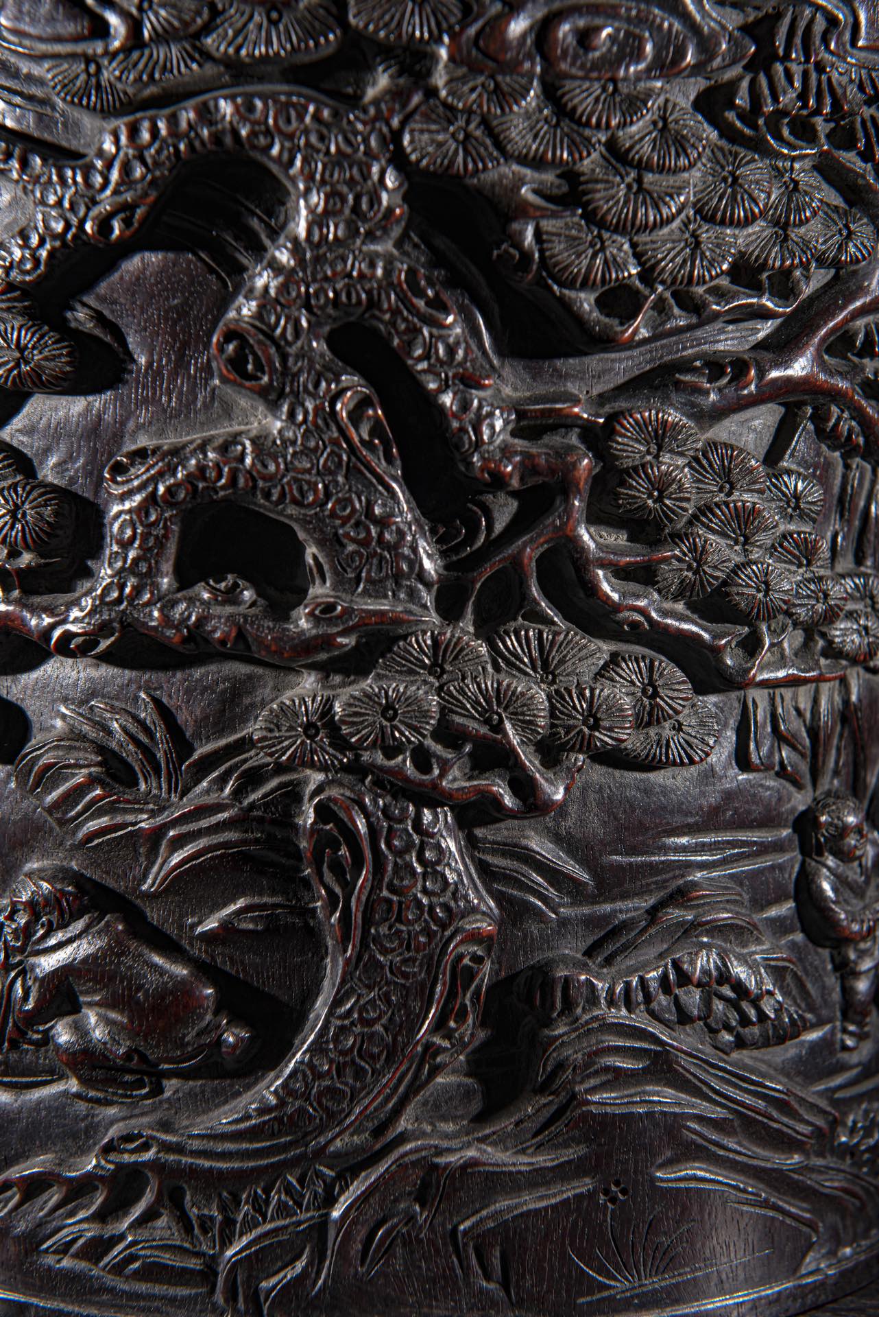 A0022 Vintage Chinese Zitan Wood Low Relief Pine Tree & Figure Brush Pot