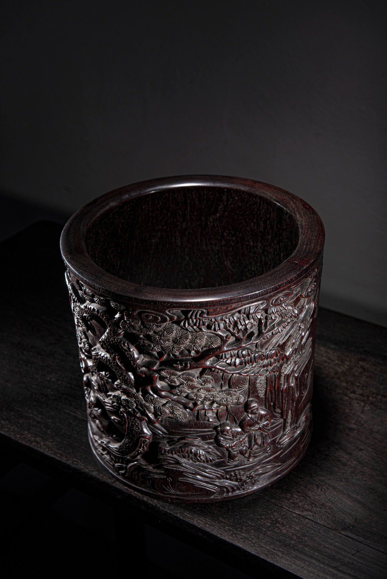 A0022 Vintage Chinese Zitan Wood Low Relief Pine Tree & Figure Brush Pot
