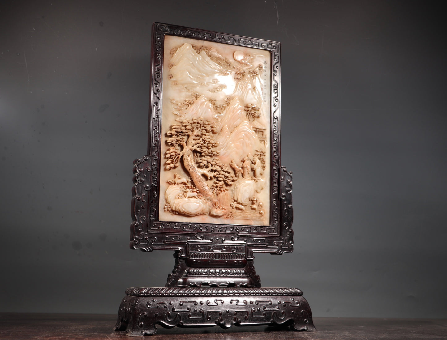 A0027 Vintage Chinese Zitan Wood Inlay Shoushan Stone Low Relief Mountain River Scene Design Screen