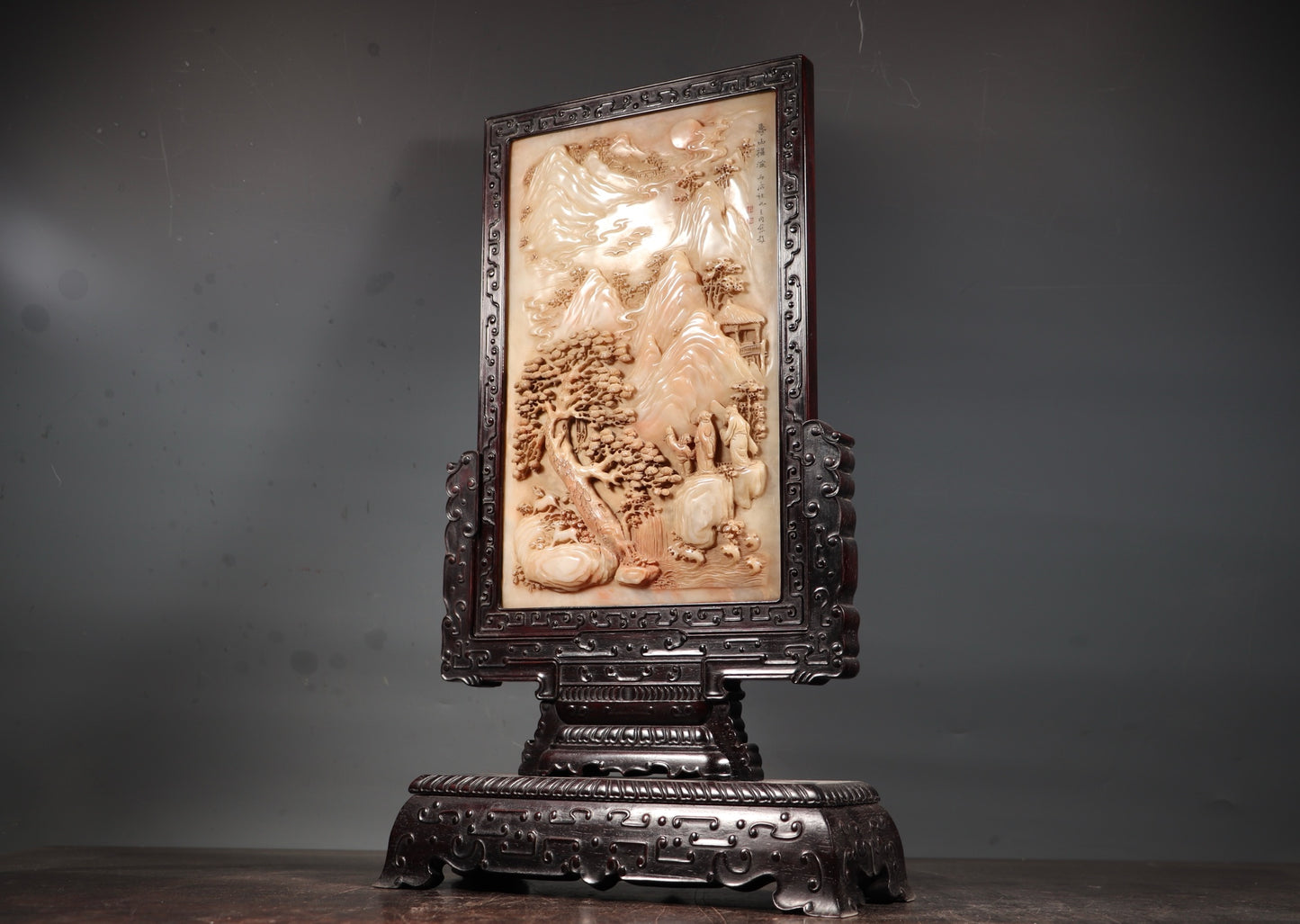A0027 Vintage Chinese Zitan Wood Inlay Shoushan Stone Low Relief Mountain River Scene Design Screen