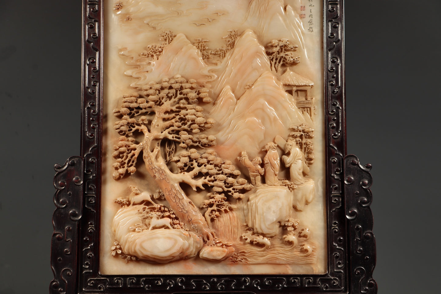 A0027 Vintage Chinese Zitan Wood Inlay Shoushan Stone Low Relief Mountain River Scene Design Screen