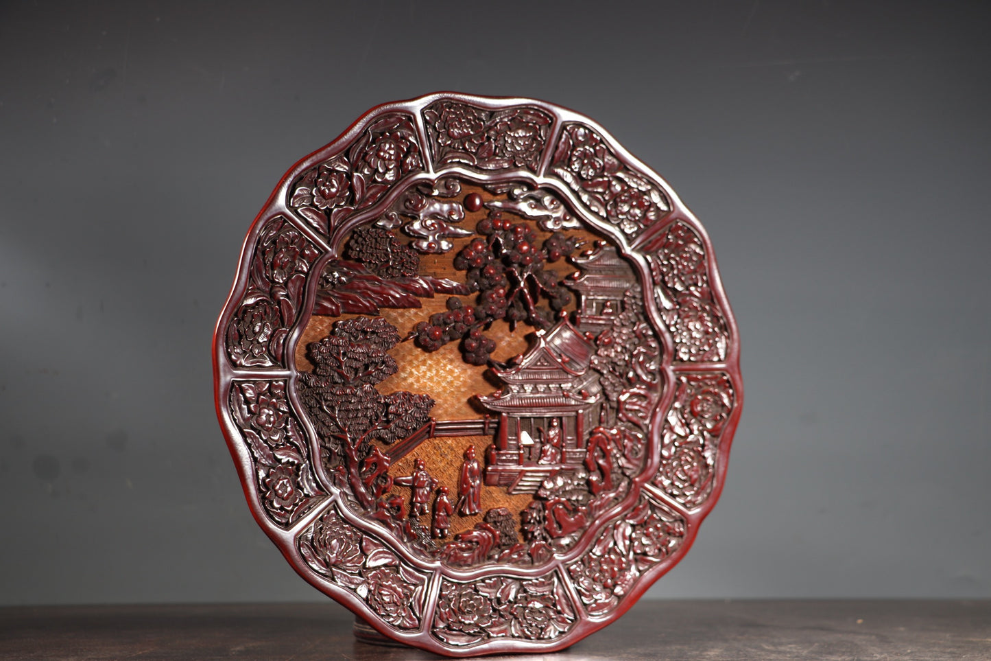 A0029 Old Chinese Red Lacquerware Low Relief Pine Tree & Figure Design Plate