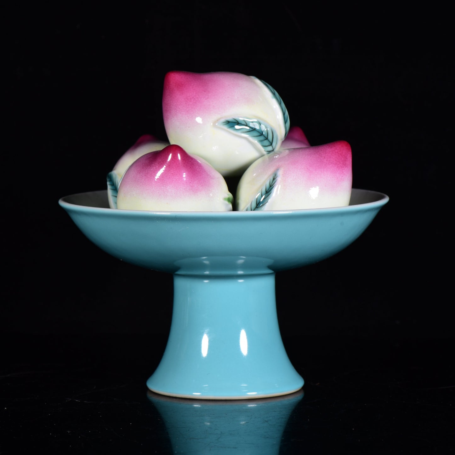 A0036 A Pair Chinese Turquoise Glaze & Famille Rose Peach Porcelain Statue
