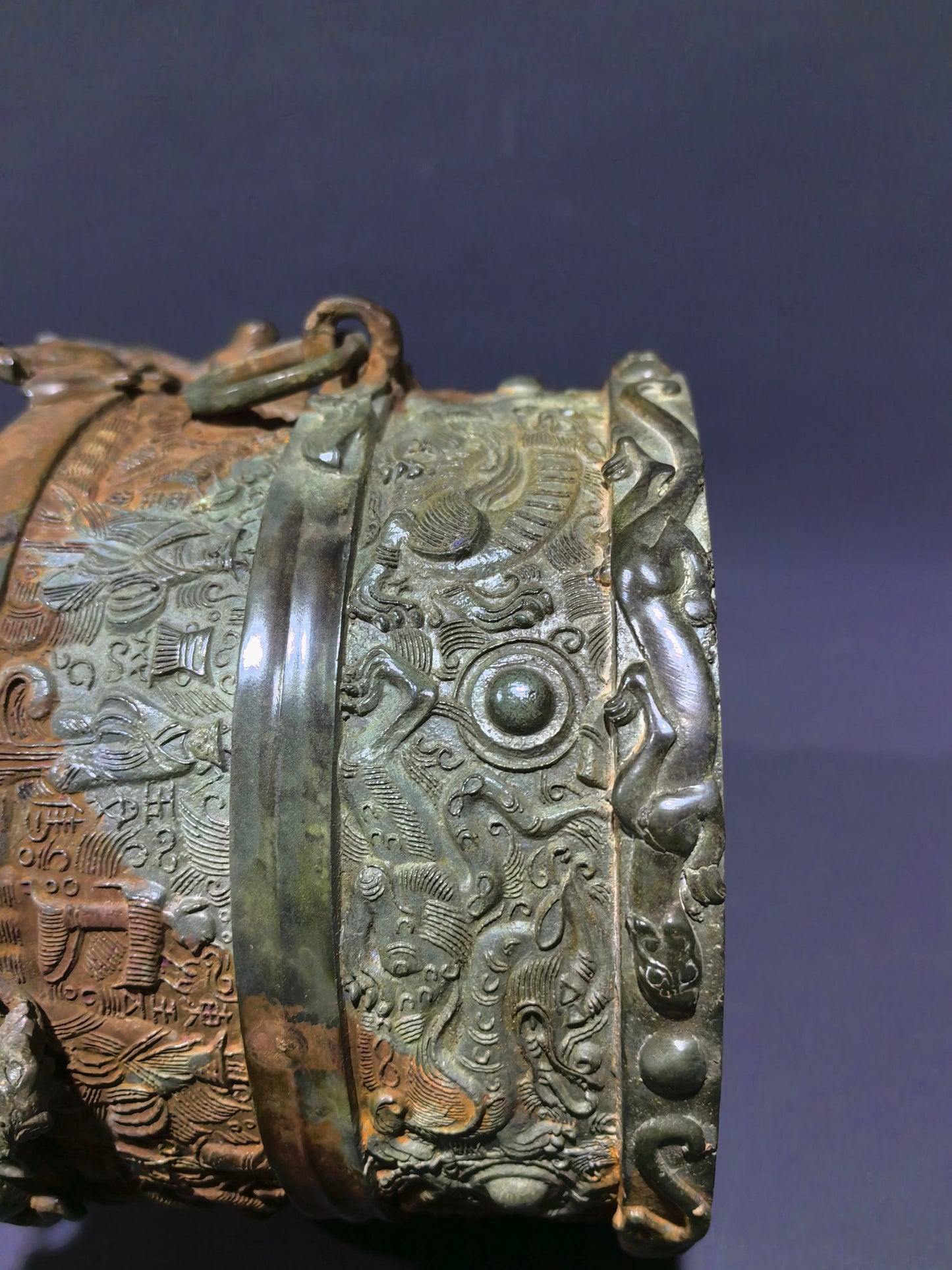 A0041 Vintage Chinese Bronze Low Relief Dragon & Figure Design Wine Warmer