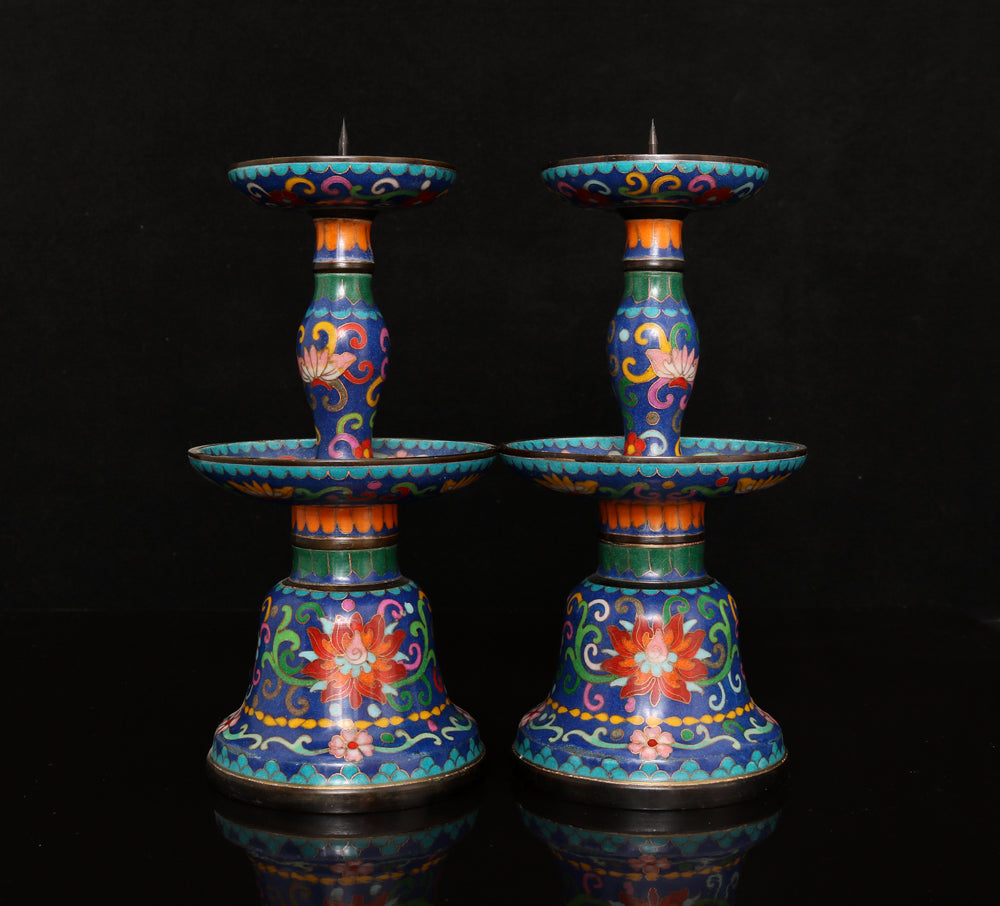 A0046 A Pair Vintage Bronze Cloisonne Flower Design Candlesticks