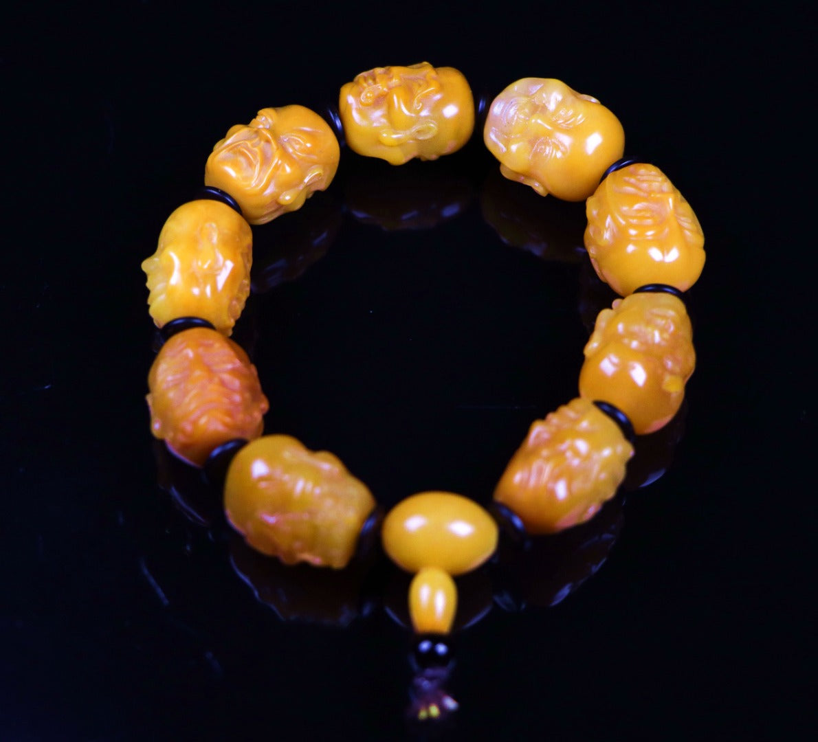 A0048 Old Chinese Shoushan Stone Tianhuang Stone Carved Arhat Beads Bracelet w Box