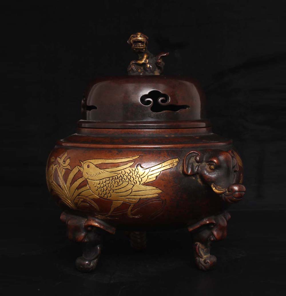 A0062 Vintage Chinese Gilt Gold Copper Elephant Head Double Ears 3 Legs Incense Burner