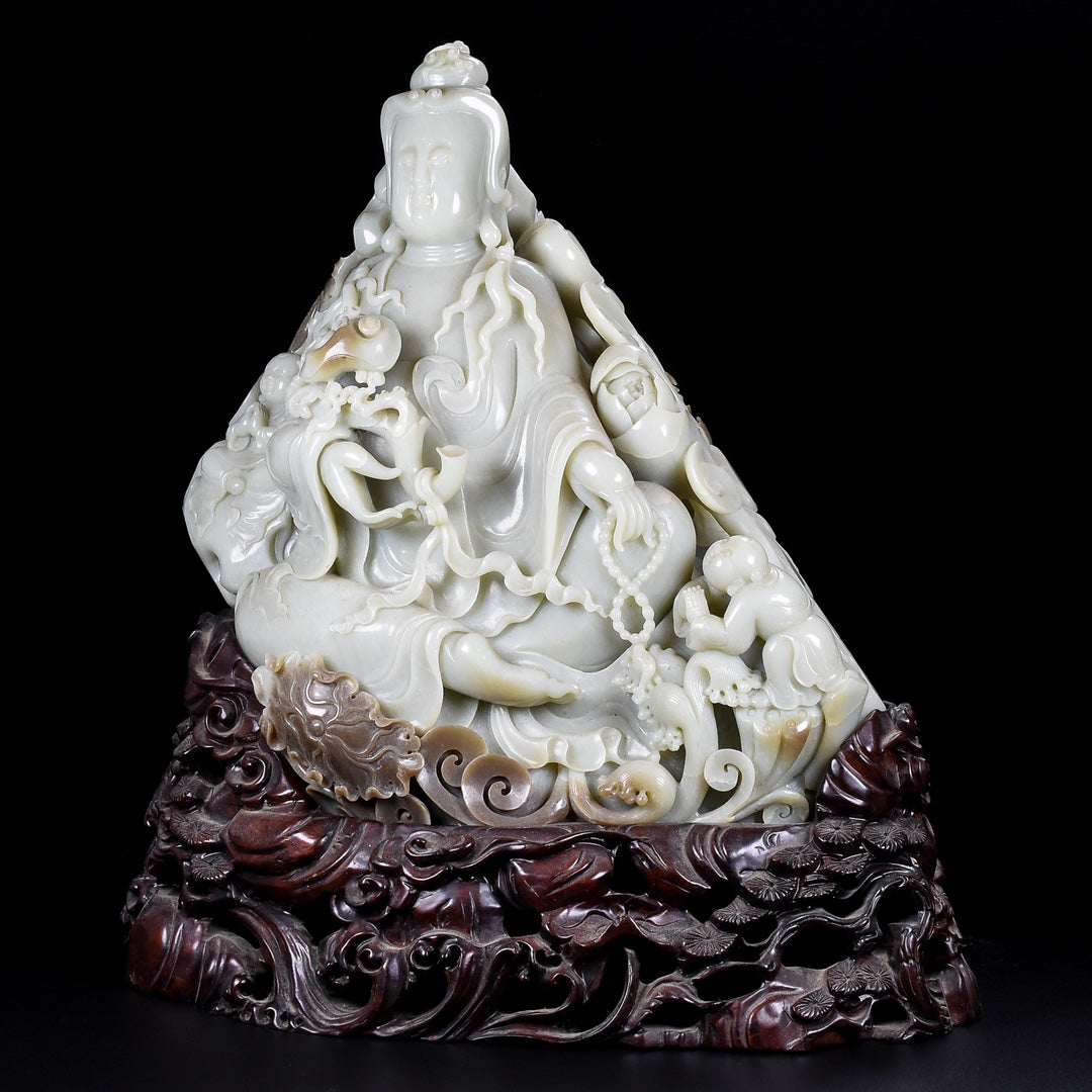 A0074 High Quality Chinese Natural Hetian Jade Carved Ruyi Kwan-yin & Kid Statue