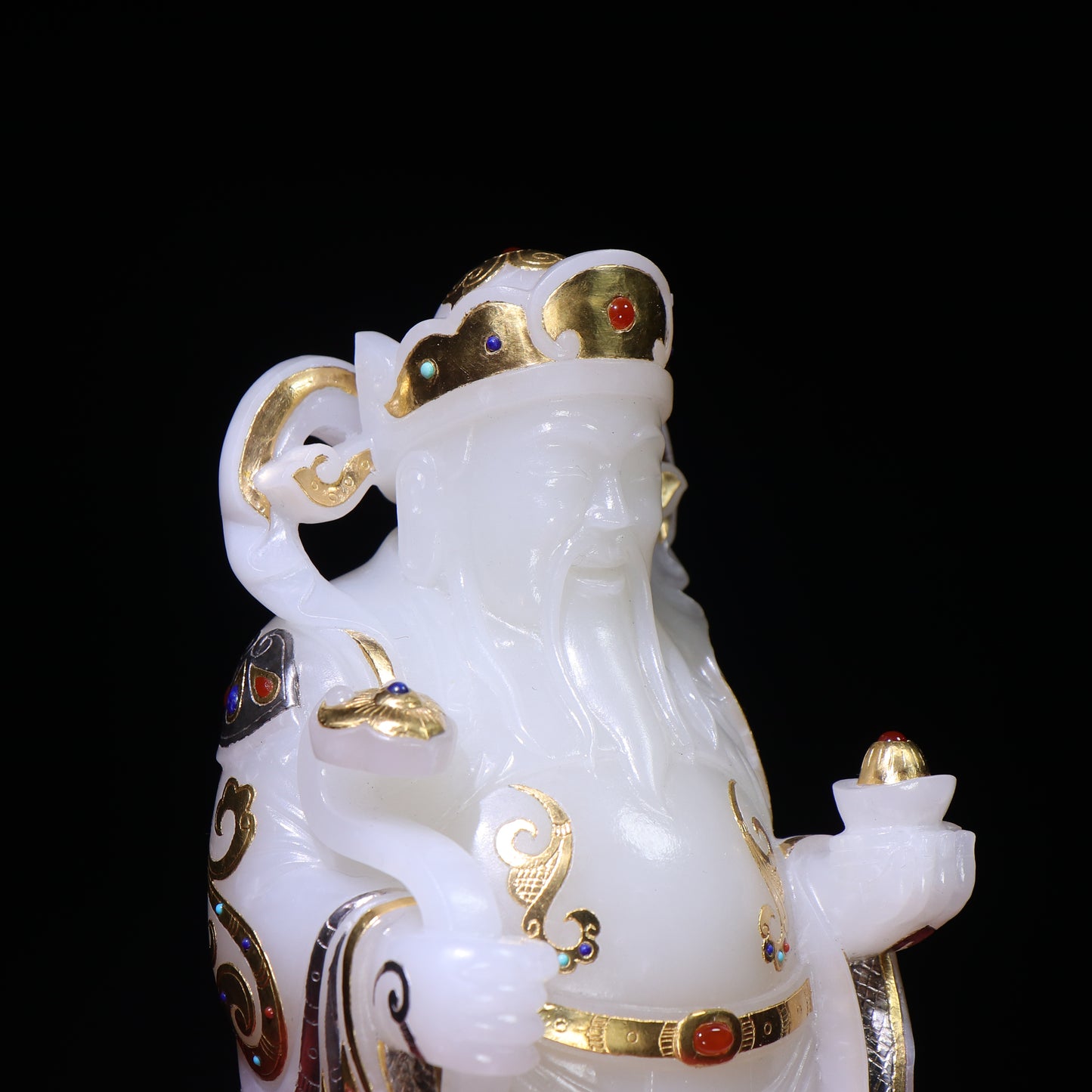 A0094 Superb Chinese White Hetian Jade Inlay Gold & Silver,Lapis Lazuli,Turquoise,Red Agate Fortune Taoism Deity Statue