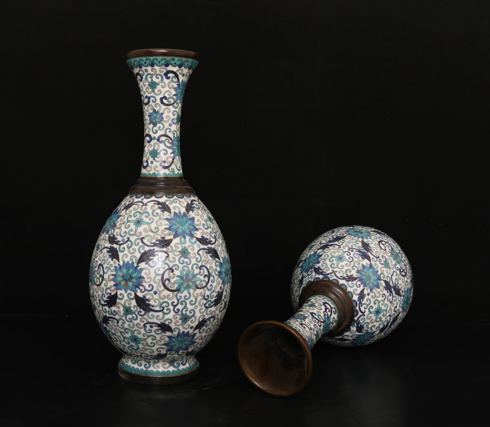 A0098 A Pair Vintage Chinese Bronze Cloisonne Lotus Flower Design Vase