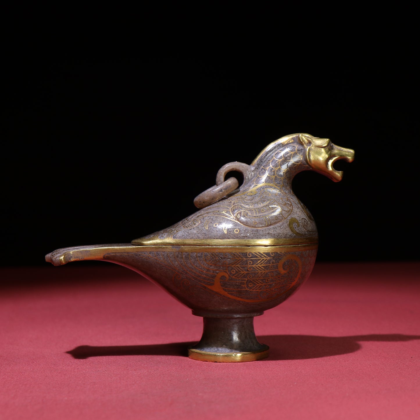 A0099 Vintage Chinese Gilt Gold Hetian Jade Phoenix Shape Box