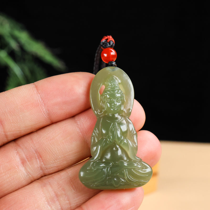 A0116 Chinese Natural Green Hetian Jade Carved Kwan-yin Pendant