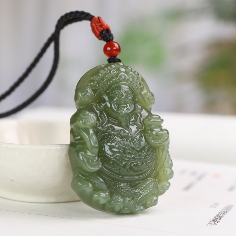 A0119 Chinese Natural Green Hetian Jade Carved Fortune Taoism Deity Pendant