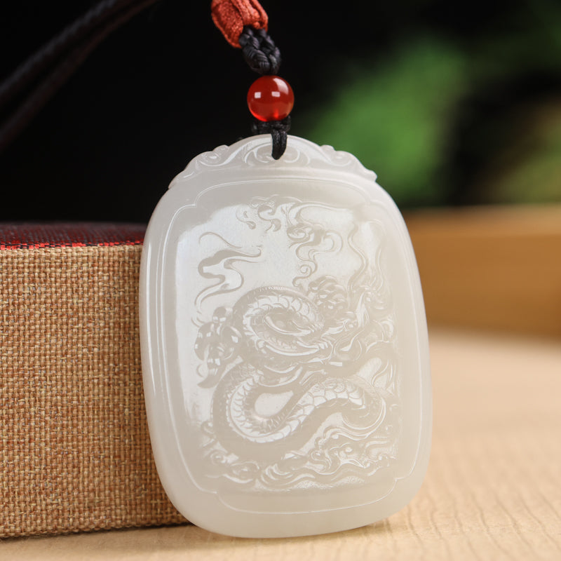 A0126 Chinese Natural White Hetian Jade Carved Fortune Dragon Pendant