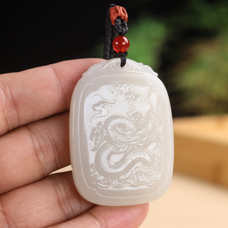 A0126 Chinese Natural White Hetian Jade Carved Fortune Dragon Pendant