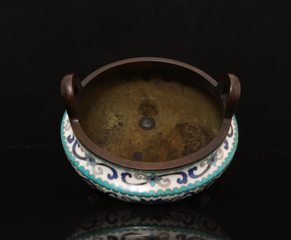 A0141 Vintage Chinese Bronze Cloisonne Flower Design Double Ears 3 Legs Incense Burner