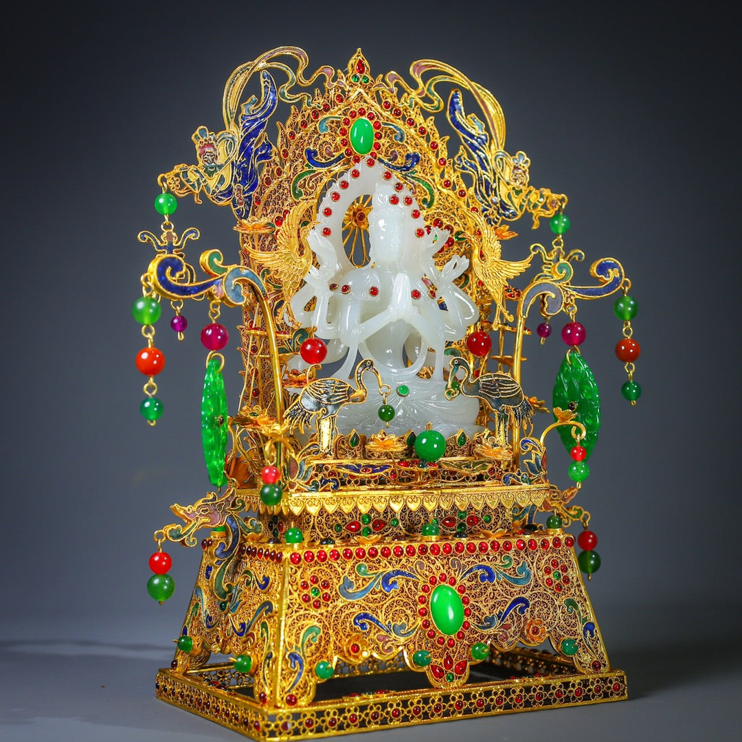 A0190 Exquisite Chinese Gold Wires Enamel Inlay Gem & White Hetian Jade Eight Arms Kwan-yin Statue